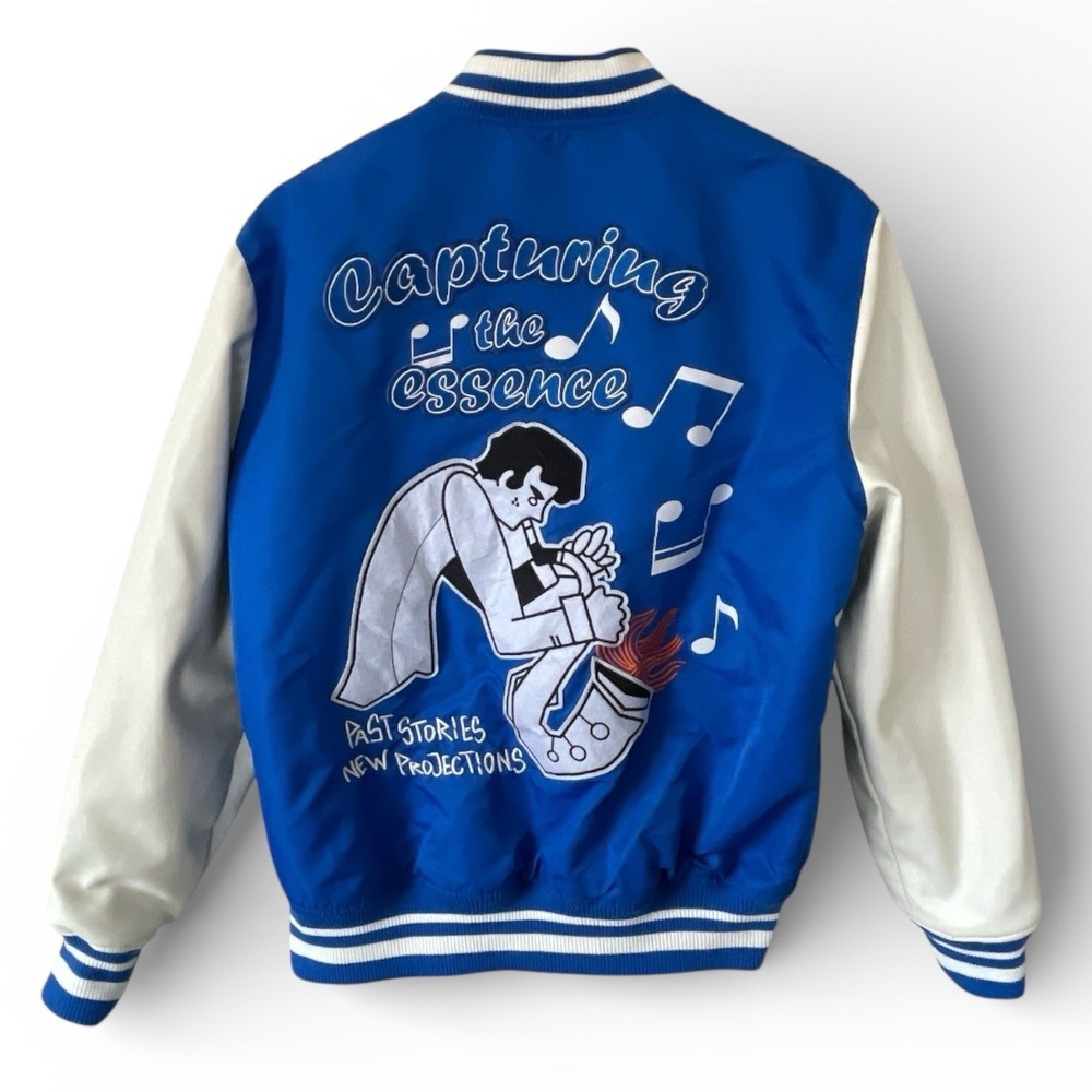 Zara Capturing The Essence Varsity Bomber Jacket Mens M Blue Graphics Academia